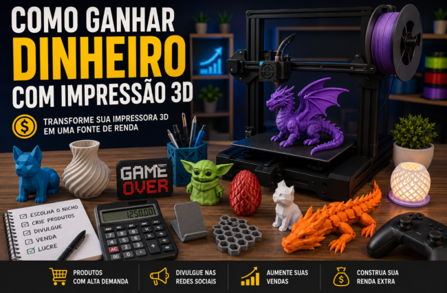 Impressora 3D imprimindo dragão articulado com produtos personalizados sobre mesa maker representando renda extra com impressão 3D.