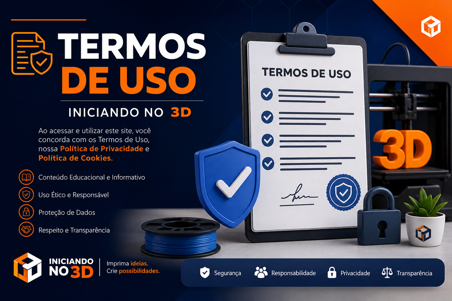 Termos de Uso do Iniciando no 3D com elementos de segurança, privacidade e impressão 3D