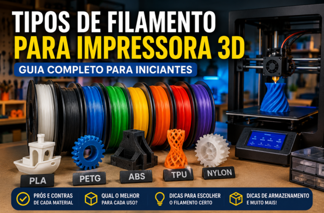 Tipos de filamento para impressora 3D PLA PETG ABS TPU Nylon em ambiente maker moderno